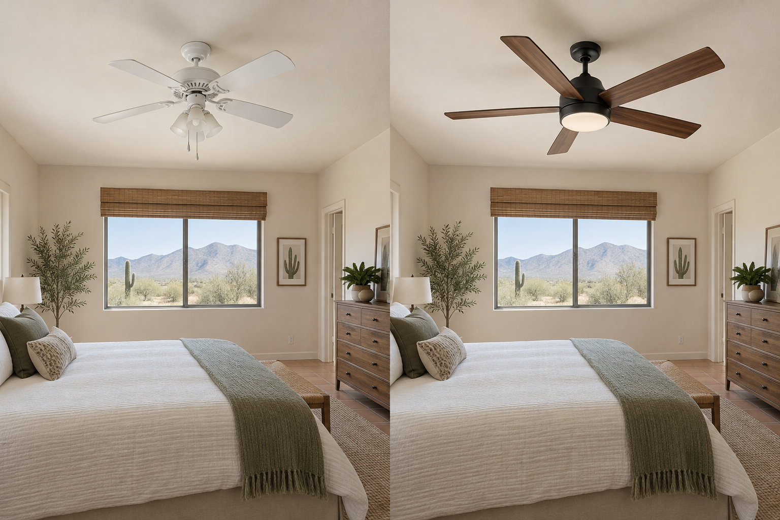 AI-generated before and after illustration of ceiling fan installation