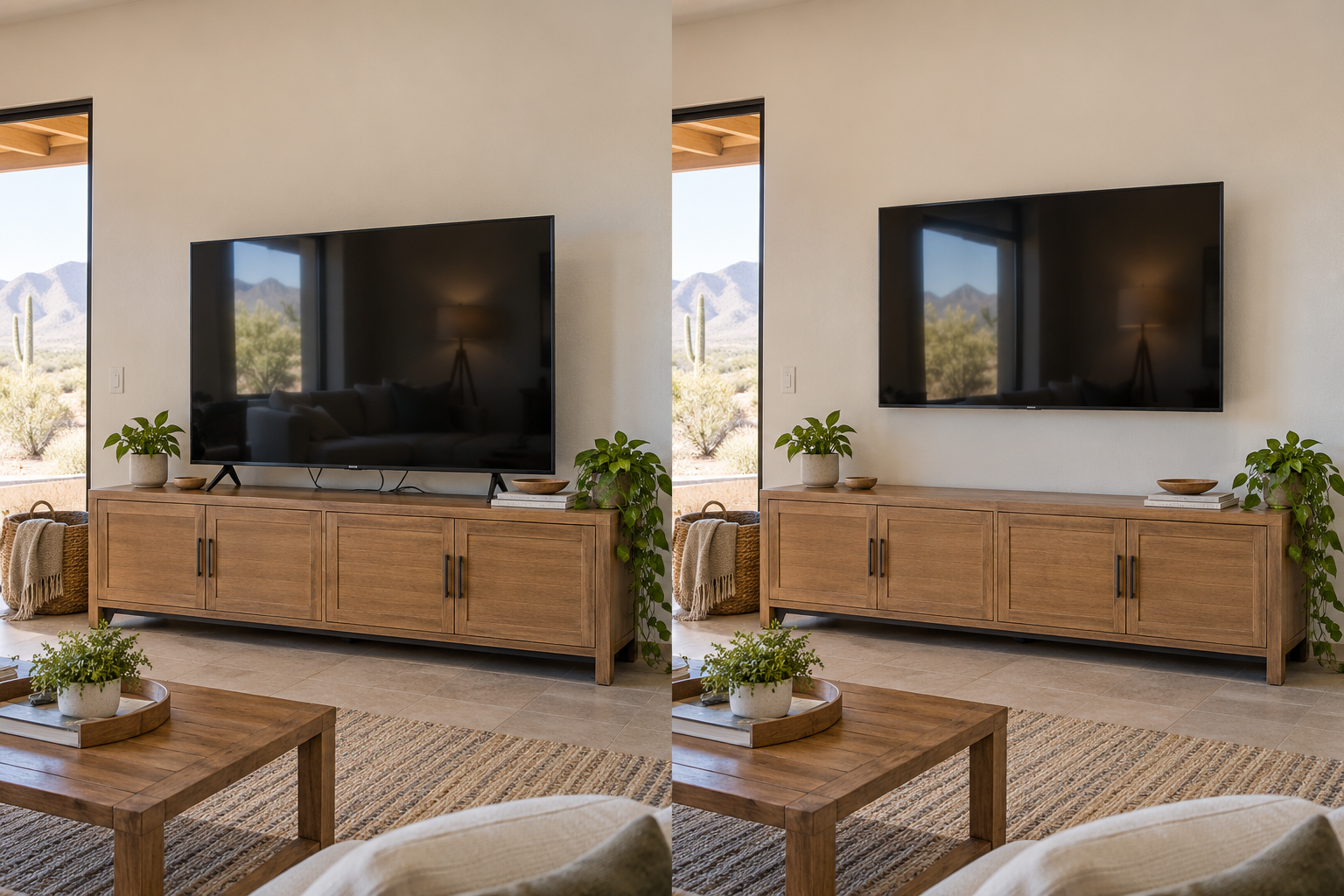 AI-generated before and after illustration of tv mounting
