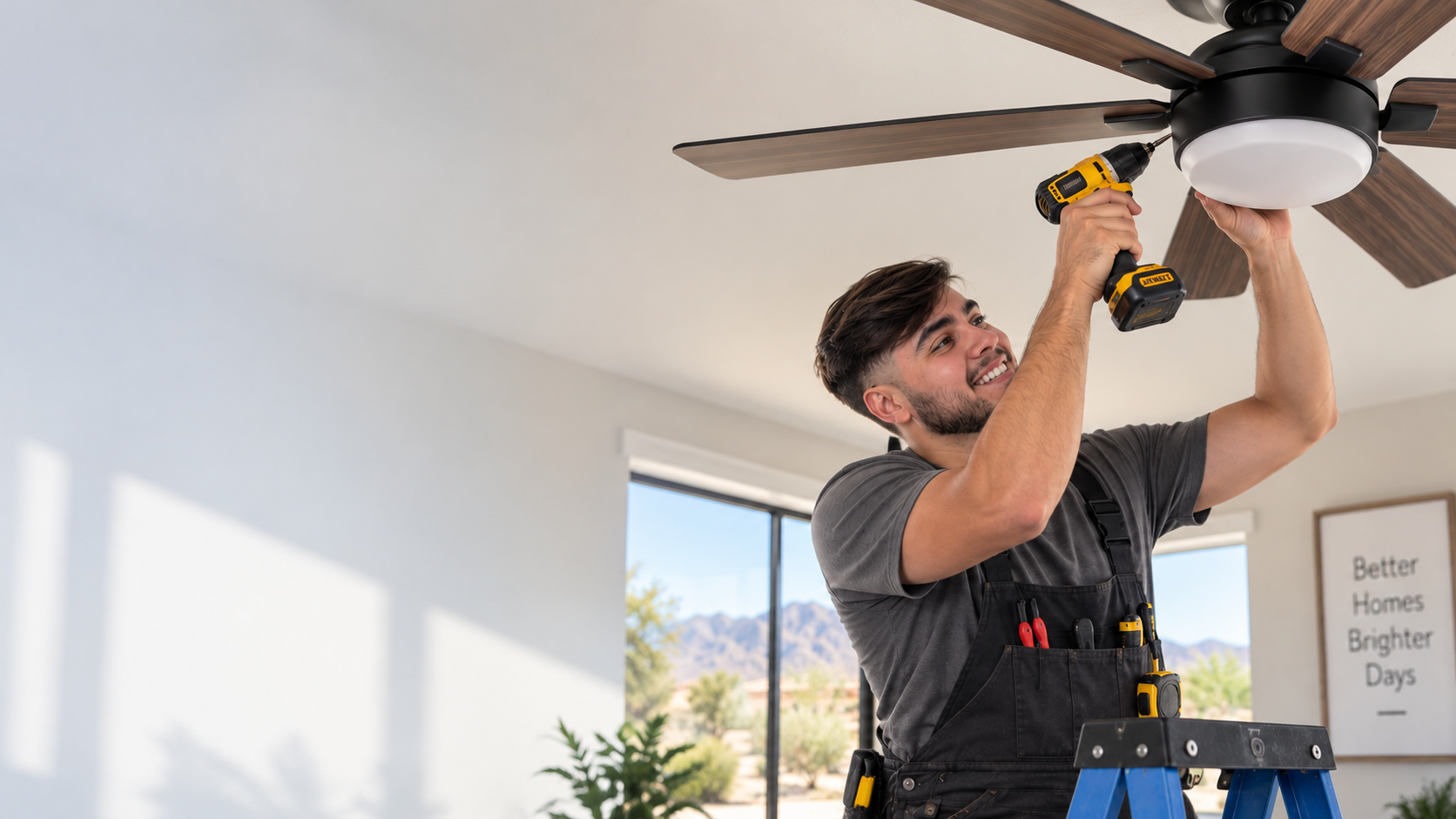 Luis installing a ceiling fan in a Tucson home